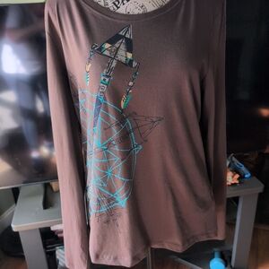 Sahalie Brown Long Sleeve Top with Geometric Design